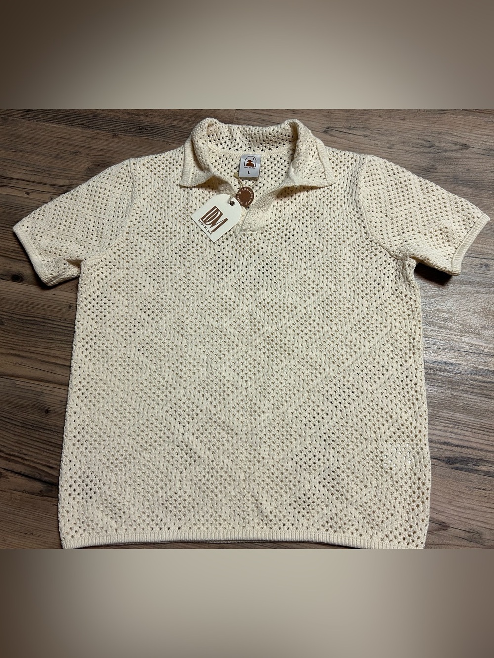 Dandy Del Mar Antibes Open-Knit Collared Polo Sweater in Vintage Ivory New